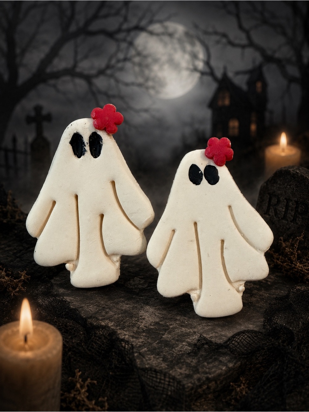 Cute Ghost Handmade Polymer Clay Earrings with Red Flower Accent